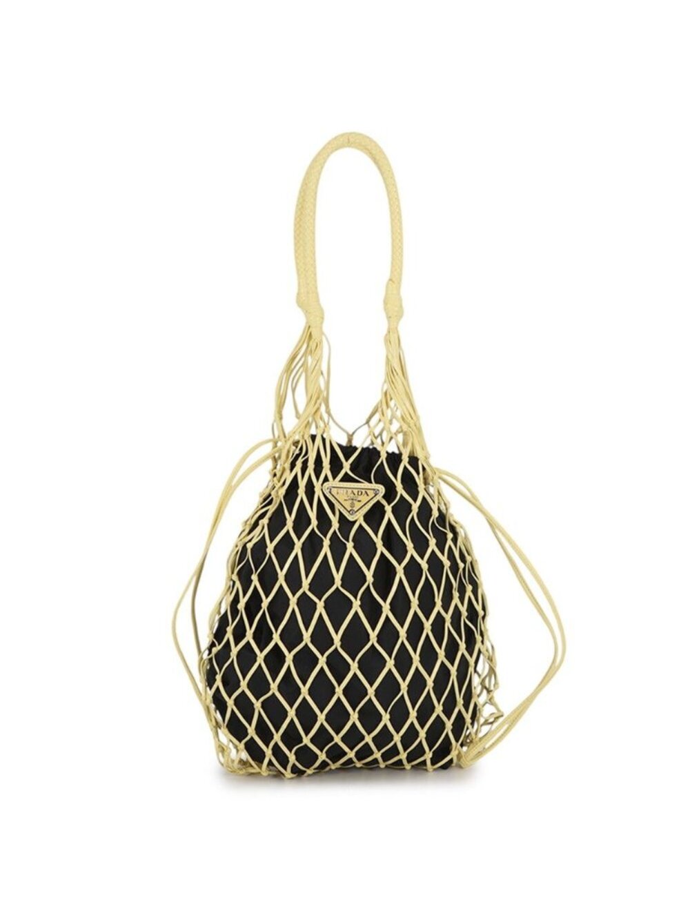 Prada Tote Mesh Triangle Logo Leather Nylon Handbag Black